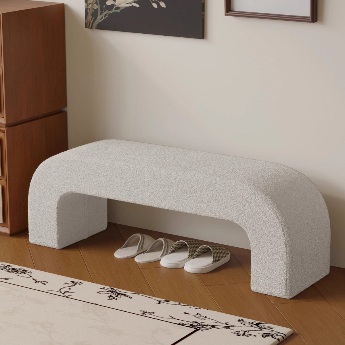 Modern Minimalist Wood Lambswool And Leather Rectangular Bench For Entryway And Living Room - Image 22