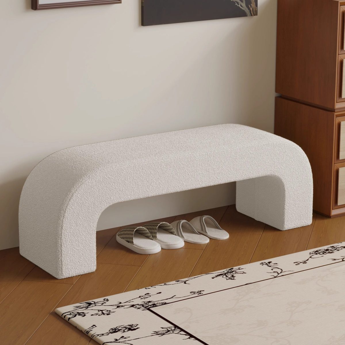 Modern Minimalist Wood Lambswool And Leather Rectangular Bench For Entryway And Living Room - Image 1