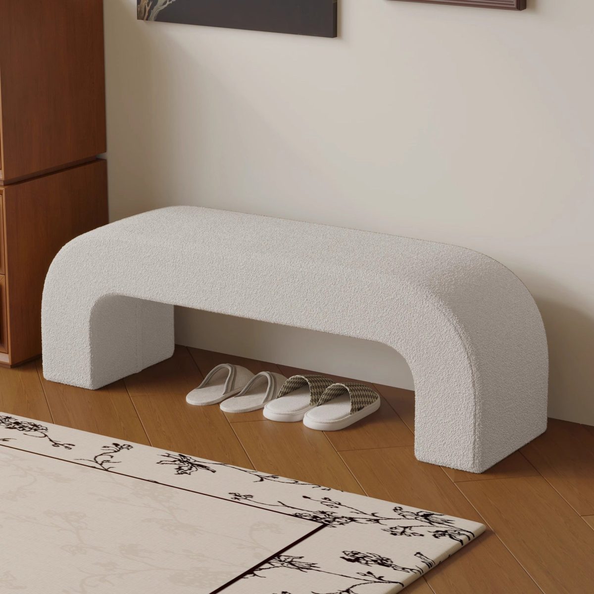 Modern Minimalist Wood Lambswool And Leather Rectangular Bench For Entryway And Living Room - Image 23