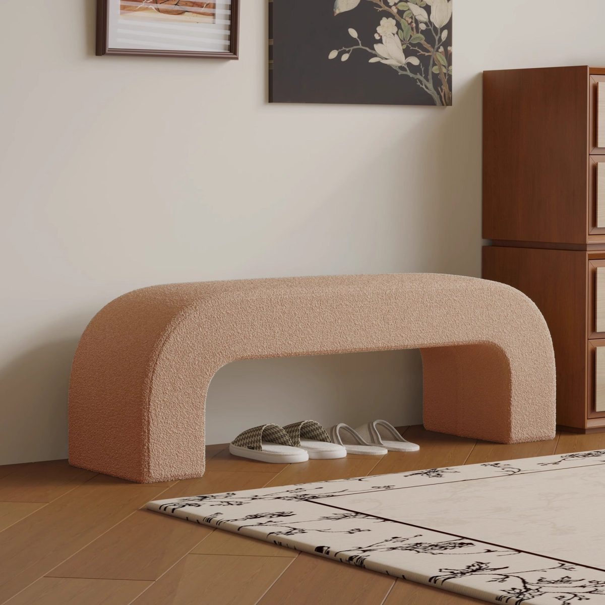 Modern Minimalist Wood Lambswool And Leather Rectangular Bench For Entryway And Living Room - Image 5