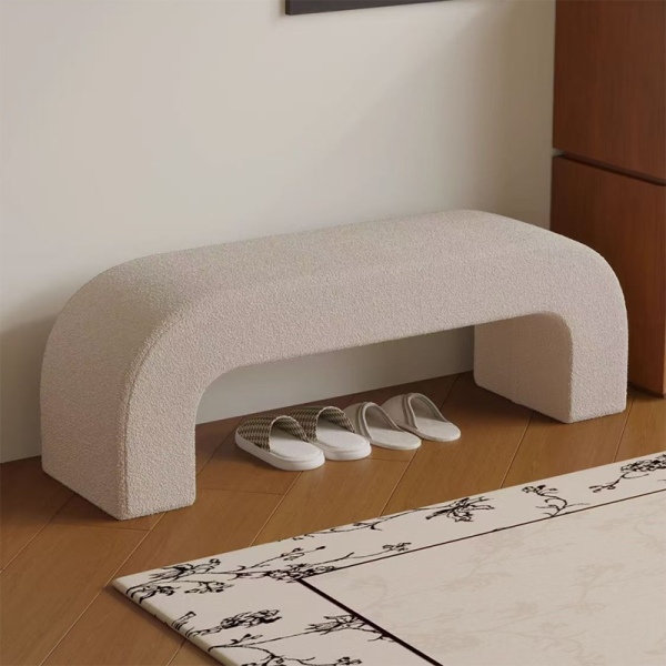 Modern Minimalist Wood Lambswool And Leather Rectangular Bench For Entryway And Living Room - Image 7
