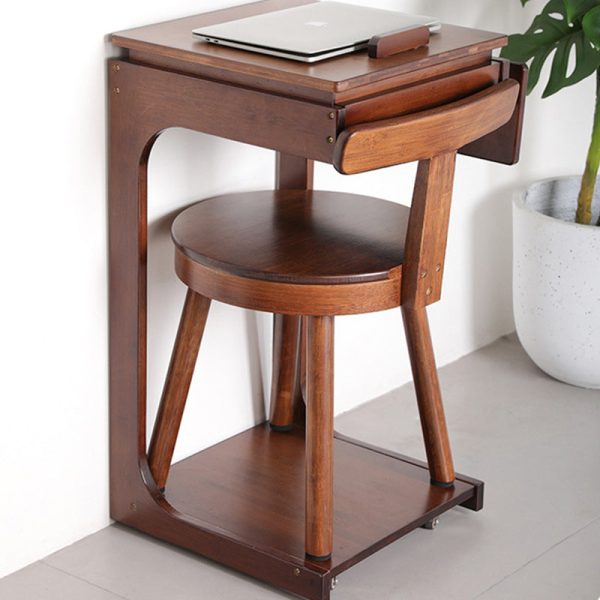 Contemporary Retro Nanmu Bamboo Round Swivel Low Stool With Backrest For Living Room & Study - Image 4