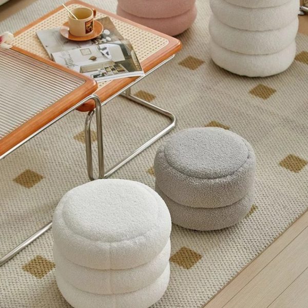 Contemporary Nordic Lambswool Wood Round Low Stool Multi-Tier For Living Room And Bedroom - Image 3