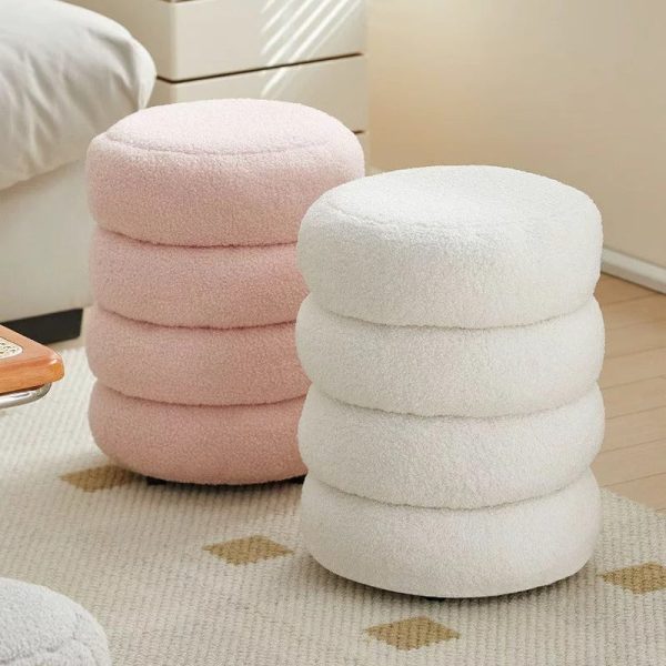 Contemporary Nordic Lambswool Wood Round Low Stool Multi-Tier For Living Room And Bedroom - Image 2
