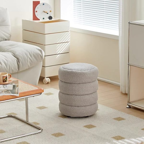 Contemporary Nordic Lambswool Wood Round Low Stool Multi-Tier For Living Room And Bedroom - Image 6