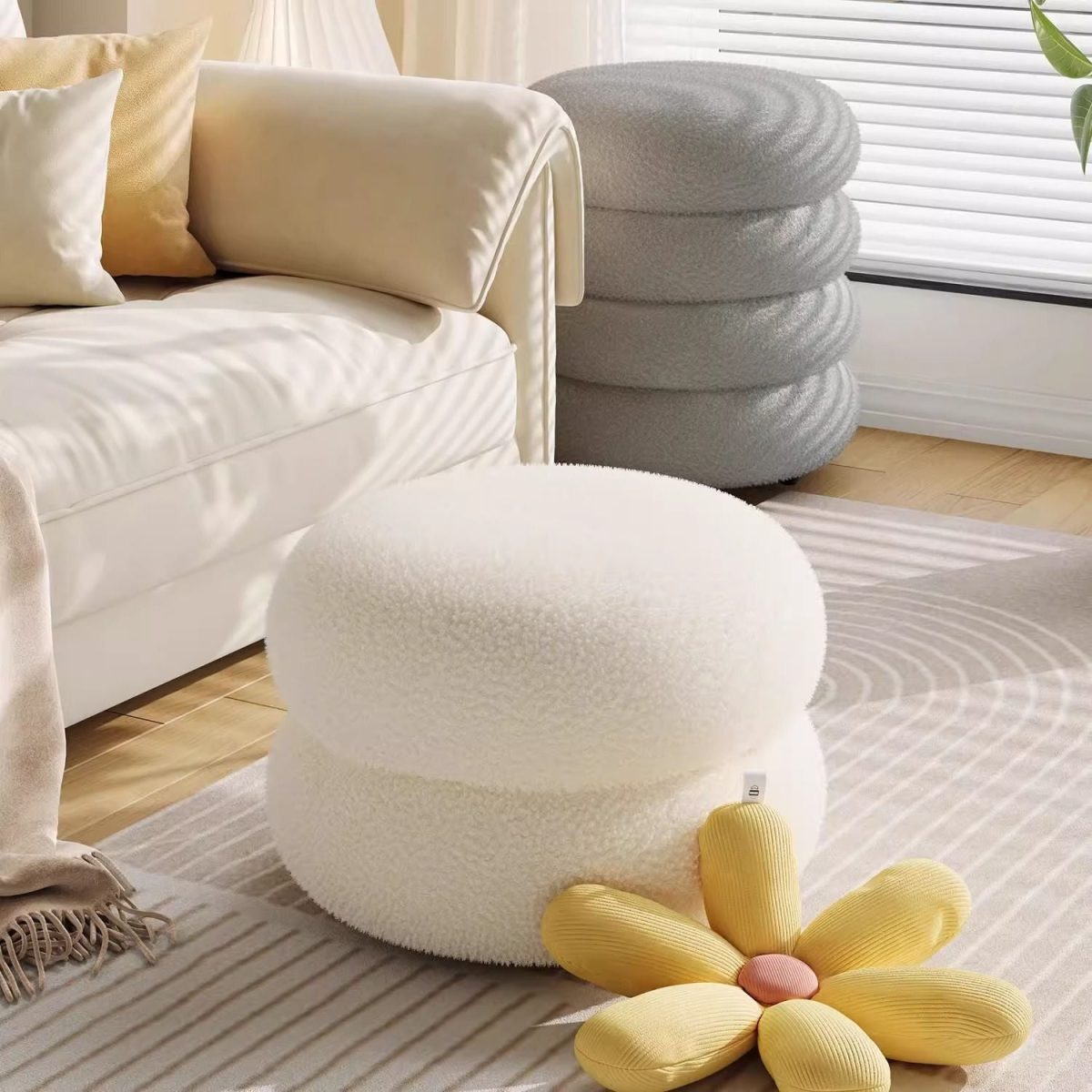 Contemporary Nordic Lambswool Wood Round Low Stool Multi-Tier For Living Room And Bedroom - Image 24