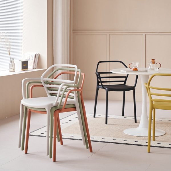 Contemporary Nordic PE Square Curved Geometric Line Dining Chair With Backrest And Armrests For Dining Room
