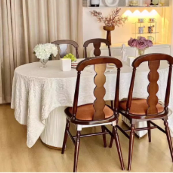 Traditional French Rubber Wood Fabric Leather Square Beaded Back Dining Chair With Backrest For Dining Room - Image 14