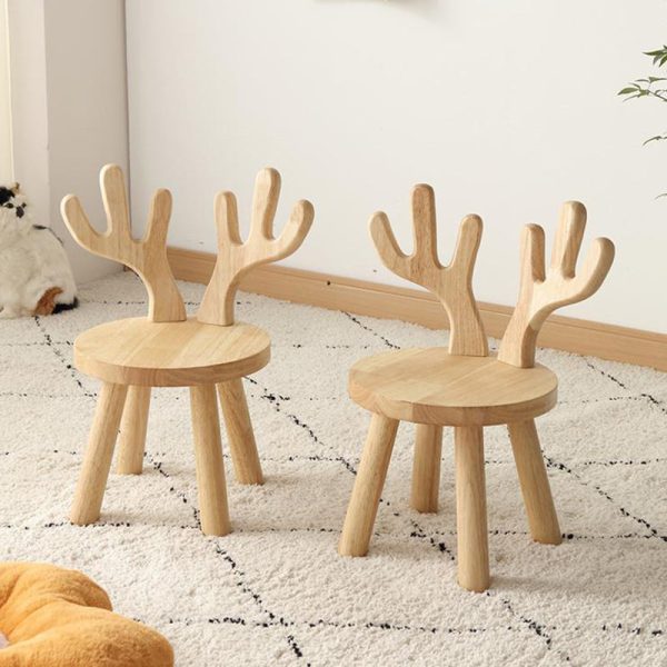 Contemporary Creative Solid Wood Antler Round Kids Low Stool With Backrest For Living Room And Entryway - Image 2