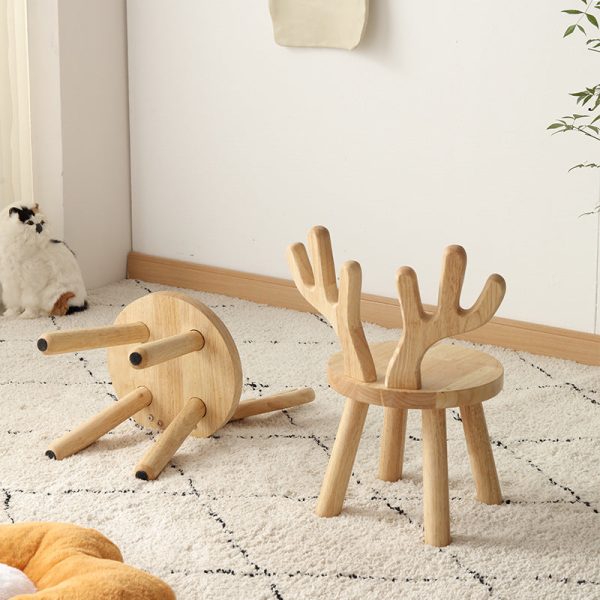 Contemporary Creative Solid Wood Antler Round Kids Low Stool With Backrest For Living Room And Entryway - Image 5