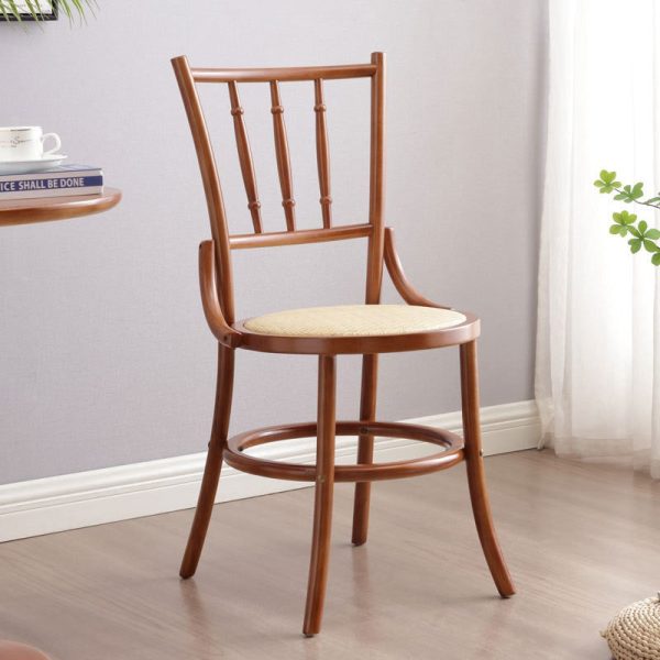 Contemporary Retro Beech Wood & Rattan Round Dining Chair With Backrest And Footrest For Dining Room - Image 11