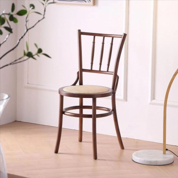 Contemporary Retro Beech Wood & Rattan Round Dining Chair With Backrest And Footrest For Dining Room - Image 15