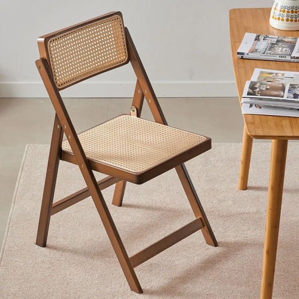 Traditional Japanese Bamboo & Resin Square Foldable Weaving Dining Chair With Backrest And Footrest For Kitchen Or Dining Room