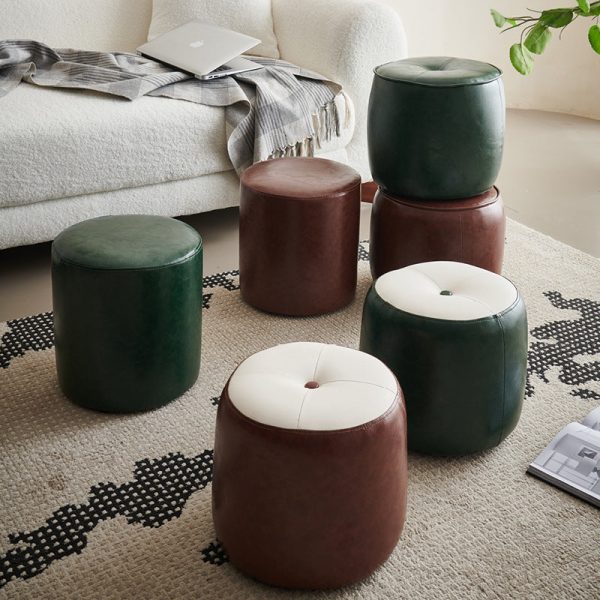 Contemporary Retro Oil Wax Leather Wood Round Button Stackable Footstool For Entryway & Living Room