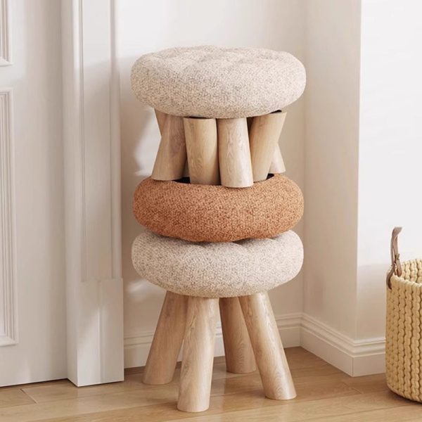 Contemporary Scandinavian Lambswool Wood Round Cookie Low Stool With Stackable Design For Living Room - Image 2