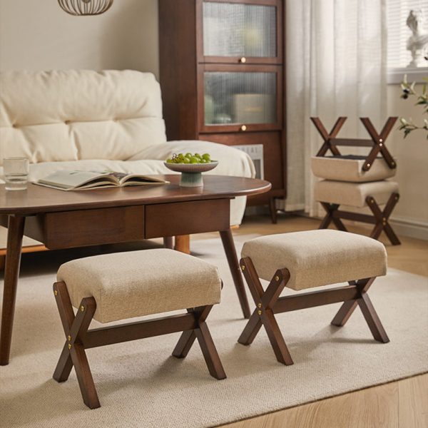 Modern Minimalist Rectangle X Shape Wooden Frame Cotton Linen Fabric Low Stool For Living Room - Image 15