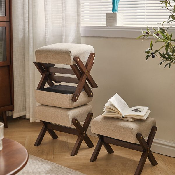 Modern Minimalist Rectangle X Shape Wooden Frame Cotton Linen Fabric Low Stool For Living Room