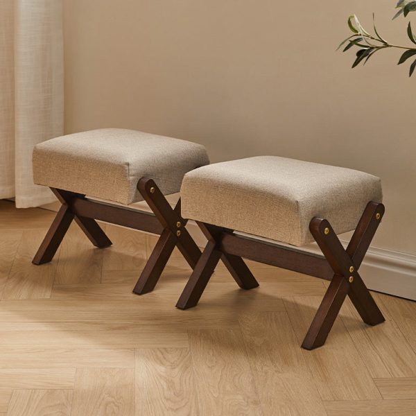 Modern Minimalist Rectangle X Shape Wooden Frame Cotton Linen Fabric Low Stool For Living Room - Image 3