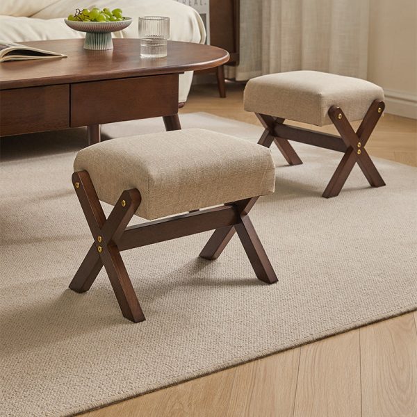 Modern Minimalist Rectangle X Shape Wooden Frame Cotton Linen Fabric Low Stool For Living Room - Image 18