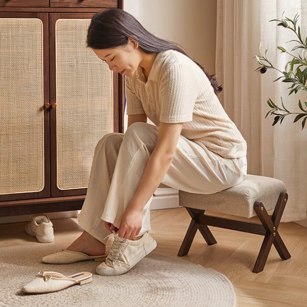 Modern Minimalist Rectangle X Shape Wooden Frame Cotton Linen Fabric Low Stool For Living Room - Image 11