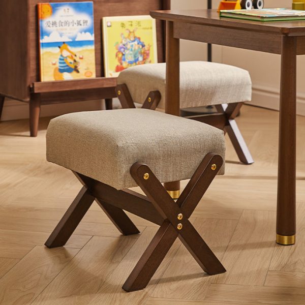 Modern Minimalist Rectangle X Shape Wooden Frame Cotton Linen Fabric Low Stool For Living Room - Image 2