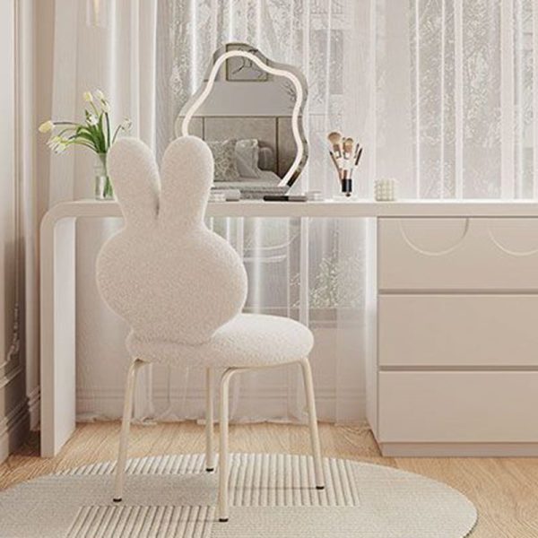 Contemporary Creative Round Upholstered Bunny Shape Backrest Lambswool Plank Iron Vanity Stool For Bedroom - Image 3