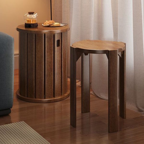 Traditional Chinese Rubber Wood Round Low Stool Backless Stackable For Dining Room - Image 26
