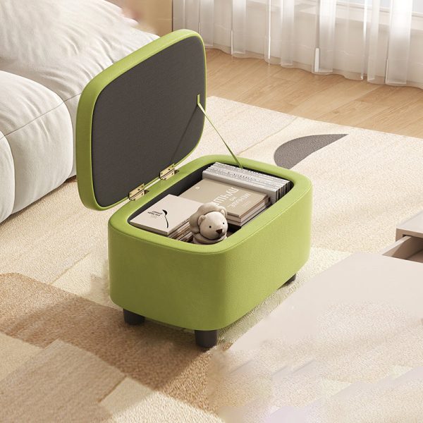 Contemporary Scandinavian Oil Waxed Leather Wood Sponge Rectangular Storage Footstool Backless For Entryway - Image 3