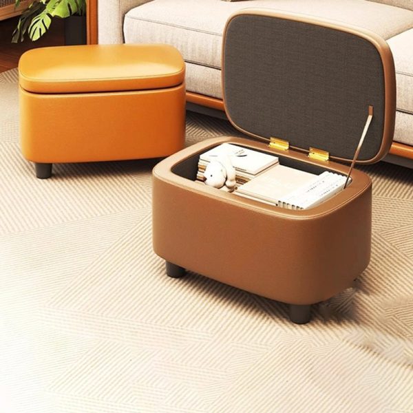 Contemporary Scandinavian Oil Waxed Leather Wood Sponge Rectangular Storage Footstool Backless For Entryway - Image 2