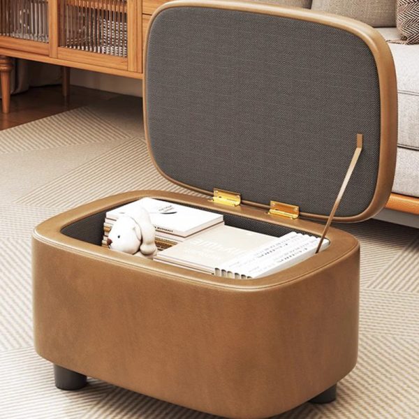 Contemporary Scandinavian Oil Waxed Leather Wood Sponge Rectangular Storage Footstool Backless For Entryway - Image 12