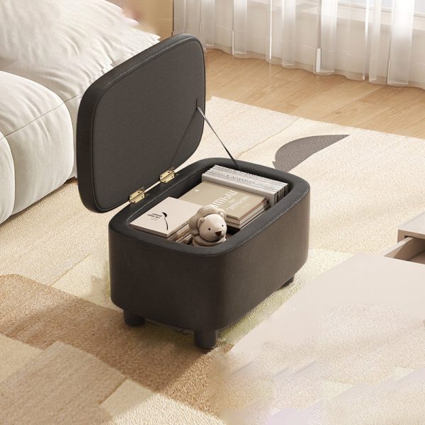 Contemporary Scandinavian Oil Waxed Leather Wood Sponge Rectangular Storage Footstool Backless For Entryway - Image 4