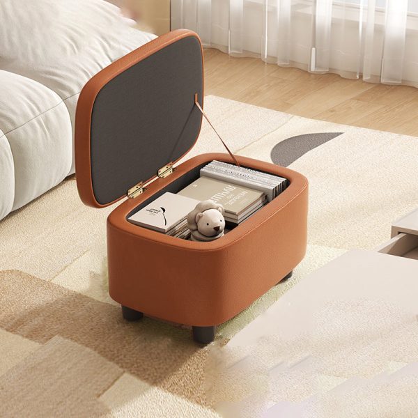 Contemporary Scandinavian Oil Waxed Leather Wood Sponge Rectangular Storage Footstool Backless For Entryway - Image 6