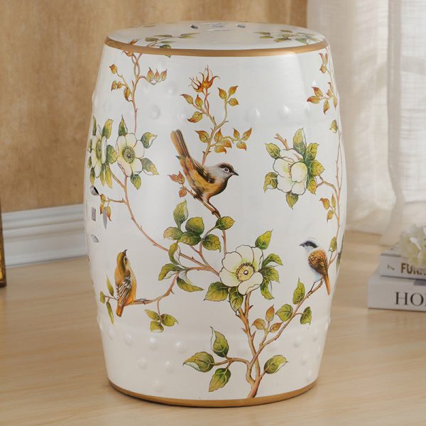 Traditional European Ceramic Hand Painted Bird Flower Drum Cylinder Footstool Backless For Living Room