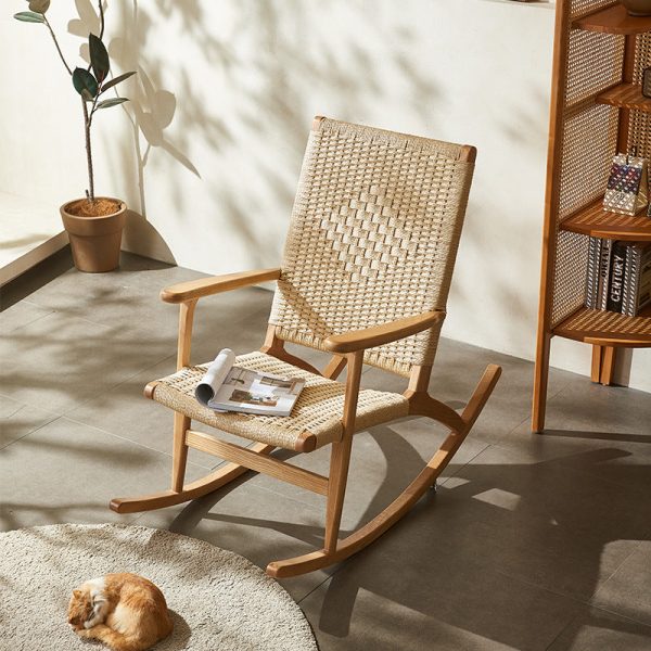 Traditional Japanese Weaving Ash Wood Rattan Rectangular Rocking Chair Recliner Armrest Footstool For Living Room - Image 2