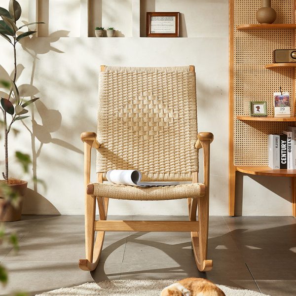 Traditional Japanese Weaving Ash Wood Rattan Rectangular Rocking Chair Recliner Armrest Footstool For Living Room - Image 3