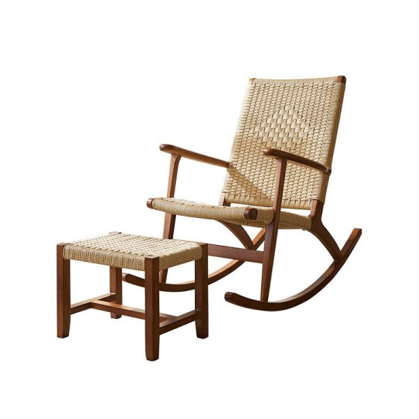 Traditional Japanese Weaving Ash Wood Rattan Rectangular Rocking Chair Recliner Armrest Footstool For Living Room - Image 14