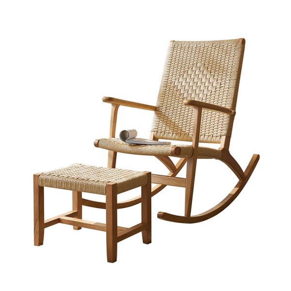 Traditional Japanese Weaving Ash Wood Rattan Rectangular Rocking Chair Recliner Armrest Footstool For Living Room - Image 13