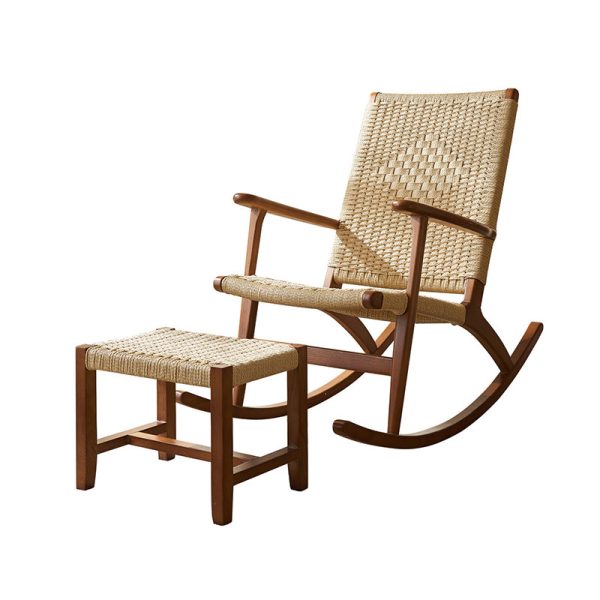 Traditional Japanese Weaving Ash Wood Rattan Rectangular Rocking Chair Recliner Armrest Footstool For Living Room - Image 5
