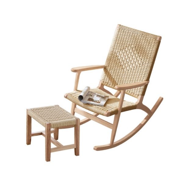 Traditional Japanese Weaving Ash Wood Rattan Rectangular Rocking Chair Recliner Armrest Footstool For Living Room - Image 15