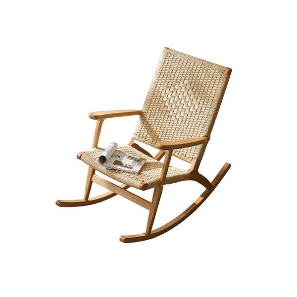 Traditional Japanese Weaving Ash Wood Rattan Rectangular Rocking Chair Recliner Armrest Footstool For Living Room - Image 16