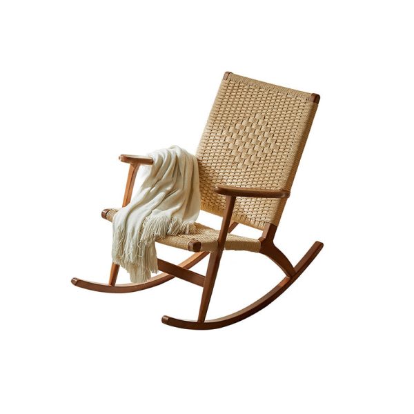 Traditional Japanese Weaving Ash Wood Rattan Rectangular Rocking Chair Recliner Armrest Footstool For Living Room - Image 17