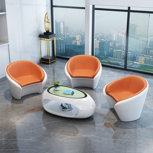 Contemporary Scandinavian Leather Fiberglass Oval Accent Chair & Table Set For Living Room