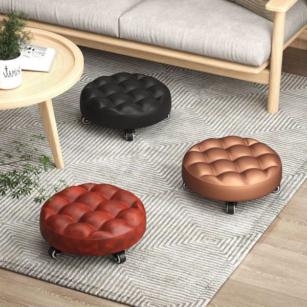Contemporary Retro Leather Sponge Plate Bread Round Low Stool Backless Movable For Entryway - Image 2