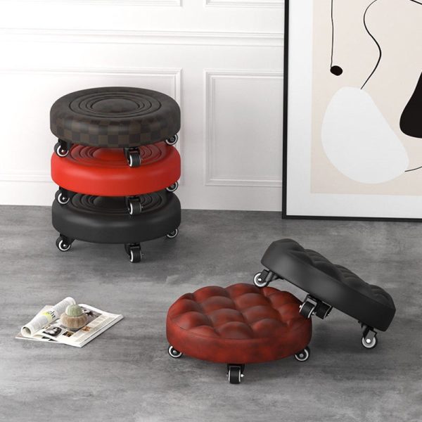 Contemporary Retro Leather Sponge Plate Bread Round Low Stool Backless Movable For Entryway