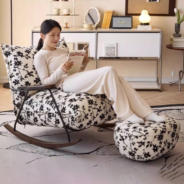 Traditional French Fabric Iron Sponge Square Ink Painting Rocking Chair Recliner Footrest Armrest For Living Room - Image 13