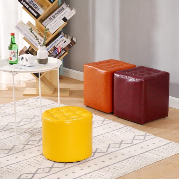 Modern Simplicity Leather Wood Sponge Round Square Footstool Backless For Living Room - Image 4
