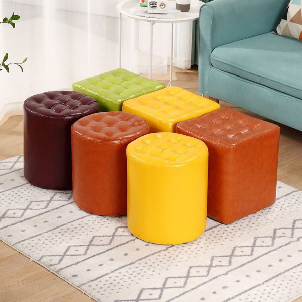 Modern Simplicity Leather Wood Sponge Round Square Footstool Backless For Living Room - Image 2