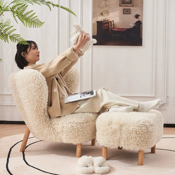Contemporary Nordic Lambswool Corduroy Plush Wood Curved Accent Chair Backrest Footrest For Living Room - Image 28