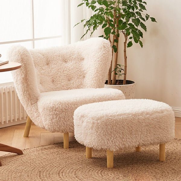 Contemporary Nordic Lambswool Corduroy Plush Wood Curved Accent Chair Backrest Footrest For Living Room - Image 27