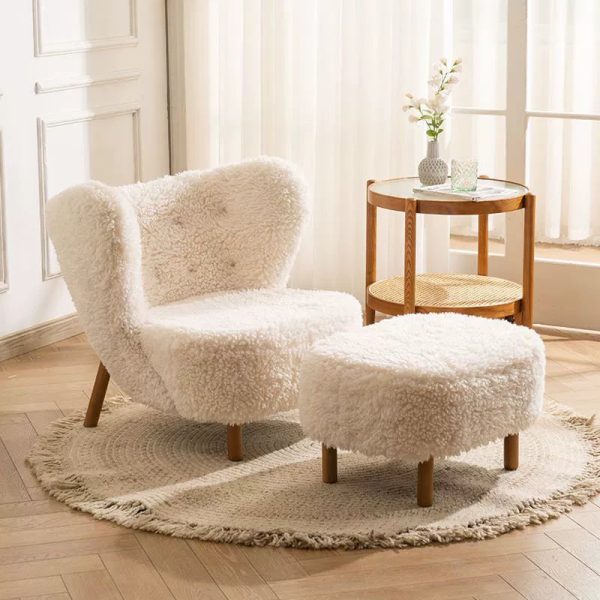 Contemporary Nordic Lambswool Corduroy Plush Wood Curved Accent Chair Backrest Footrest For Living Room - Image 23